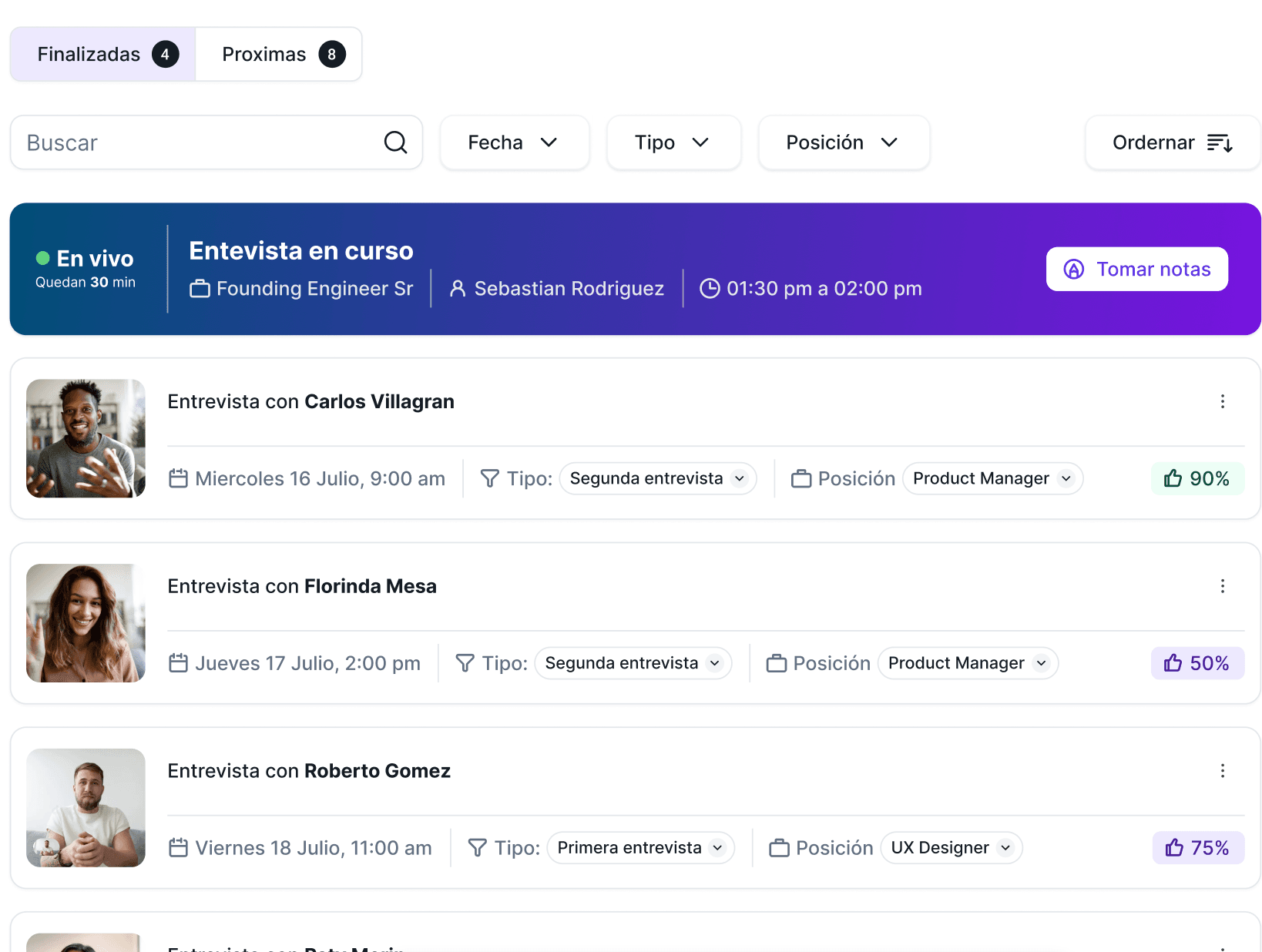 Dashboard de entrevistas de Selenios