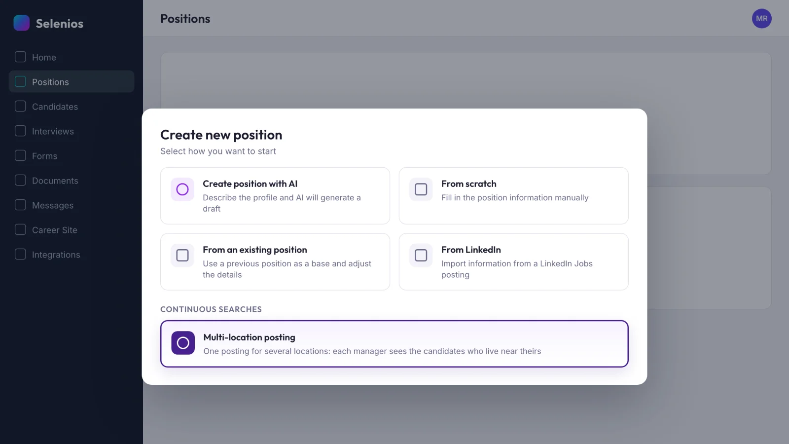 Selenios Create new position window with the Continuous searches section and the Multi-location posting card highlighted