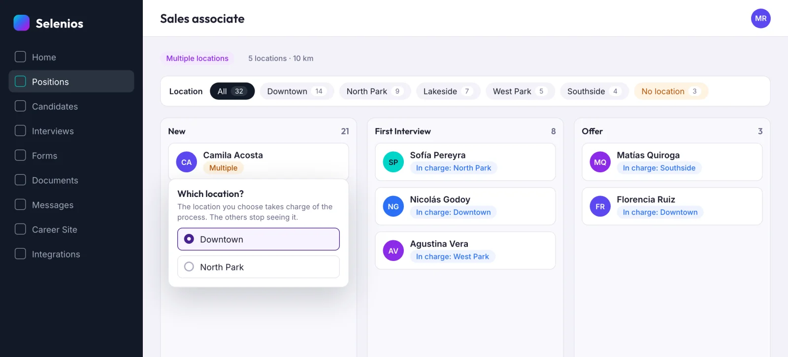 Pipeline of a multi-location posting with the location filter bar, candidates in charge of each location and the Which location selector