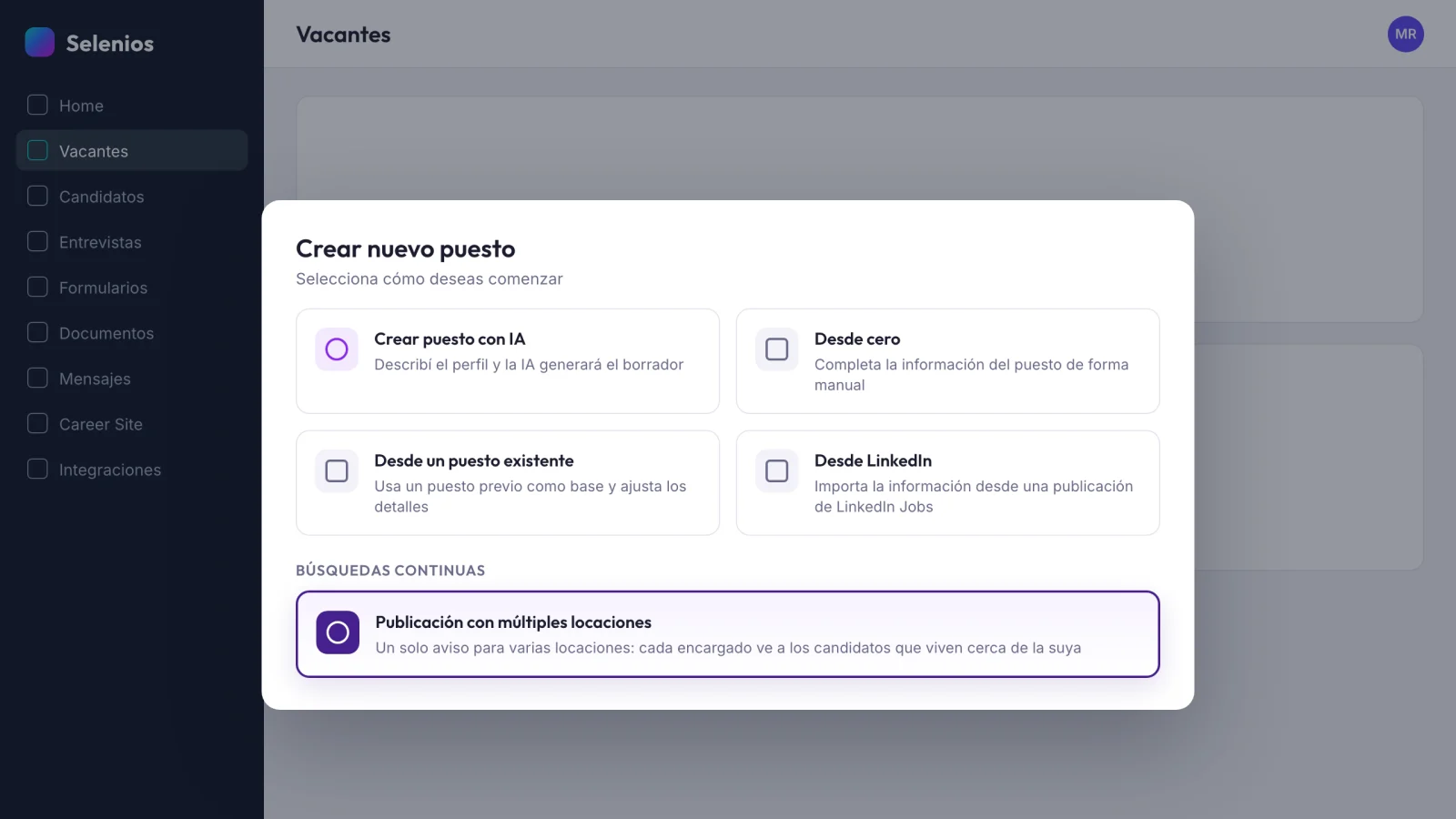 Ventana Crear nuevo puesto de Selenios con la sección Búsquedas continuas y la tarjeta Publicación con múltiples locaciones destacada