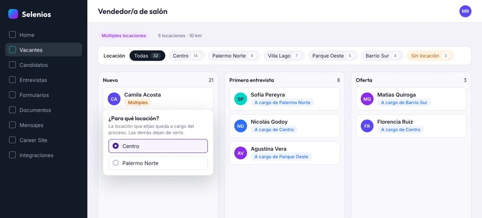 Pipeline de una publicación con múltiples locaciones con la barra de filtro por locación, candidatos a cargo de cada locación y el selector Para qué locación