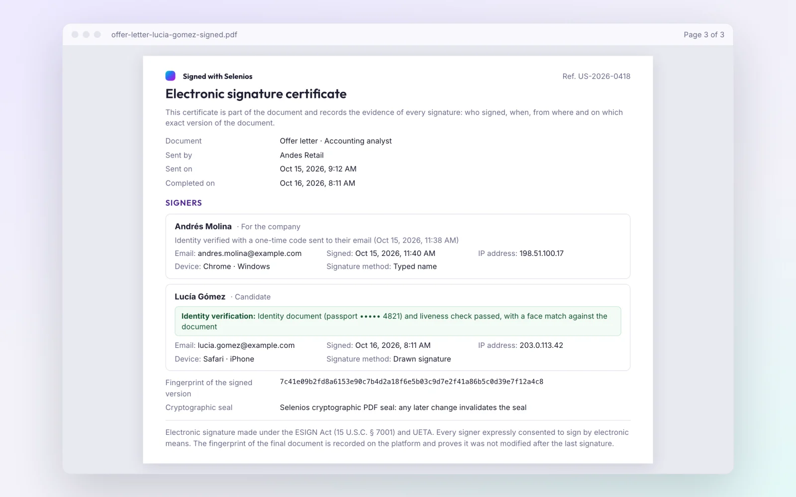 Electronic signature certificate page with the document details, two signers with device and signature method, the identity verification with a masked ID number, and the fingerprint of the signed version