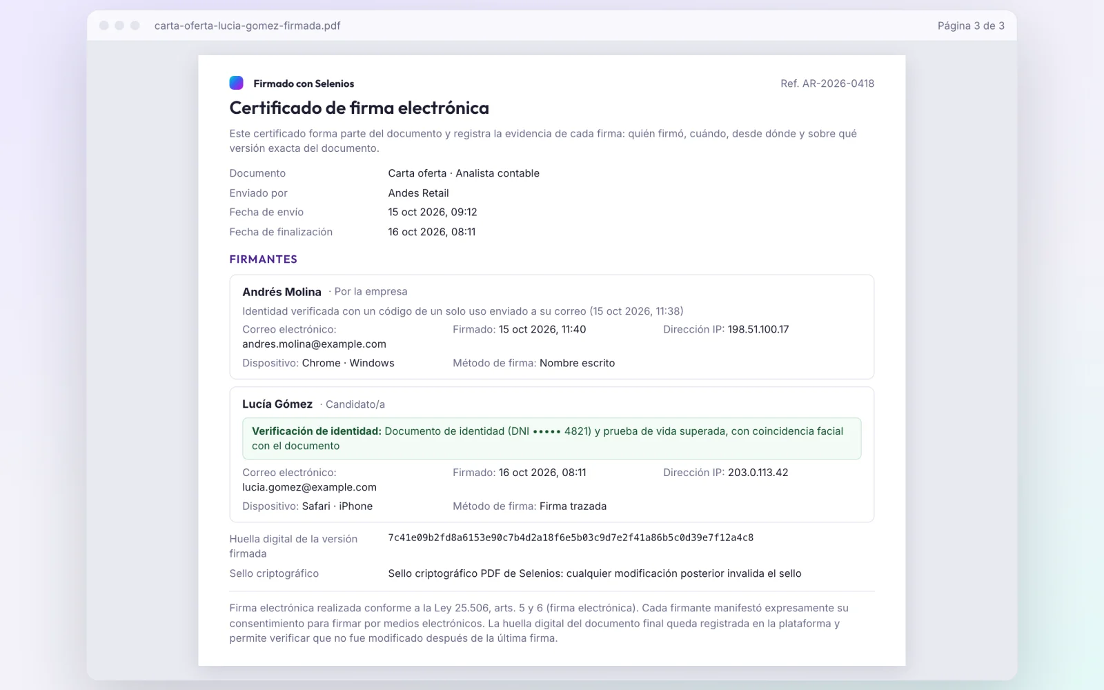Página de certificado de firma electrónica con los datos del documento, los dos firmantes con dispositivo y método de firma, la verificación de identidad con número de DNI enmascarado y la huella digital de la versión firmada