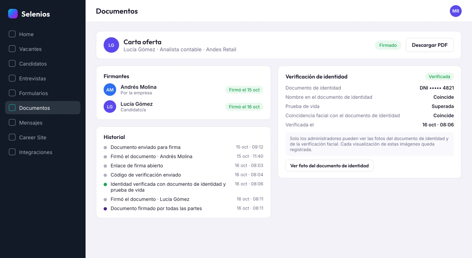 Detalle de una carta oferta firmada con los firmantes, el historial de eventos, y la verificación de identidad completada