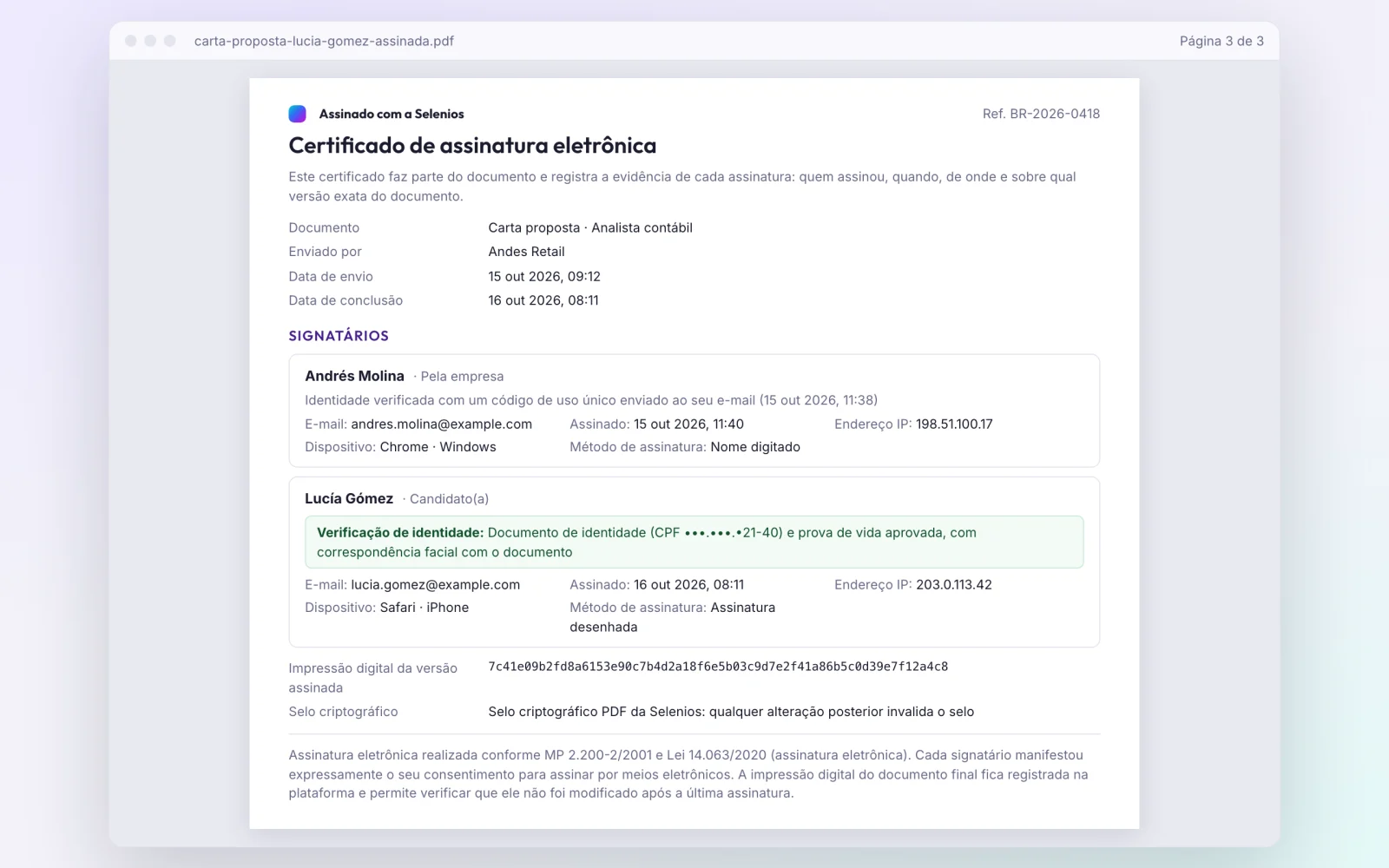 Página de certificado de assinatura eletrônica com os dados do documento, os dois signatários com dispositivo e método de assinatura, a verificação de identidade com CPF mascarado e a impressão digital da versão assinada
