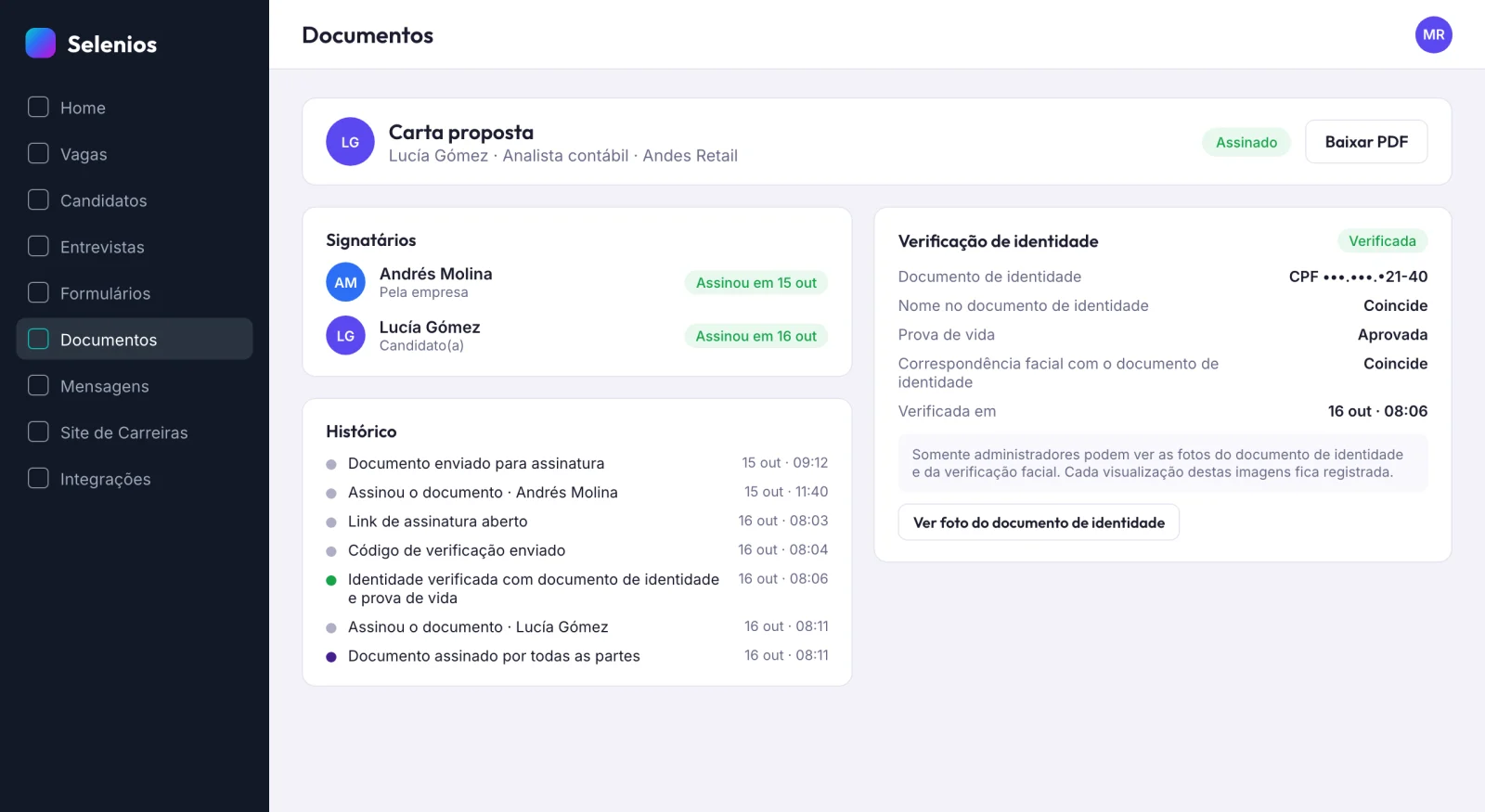 Detalhe de uma carta proposta assinada com os signatários, o histórico de eventos, e a verificação de identidade concluída