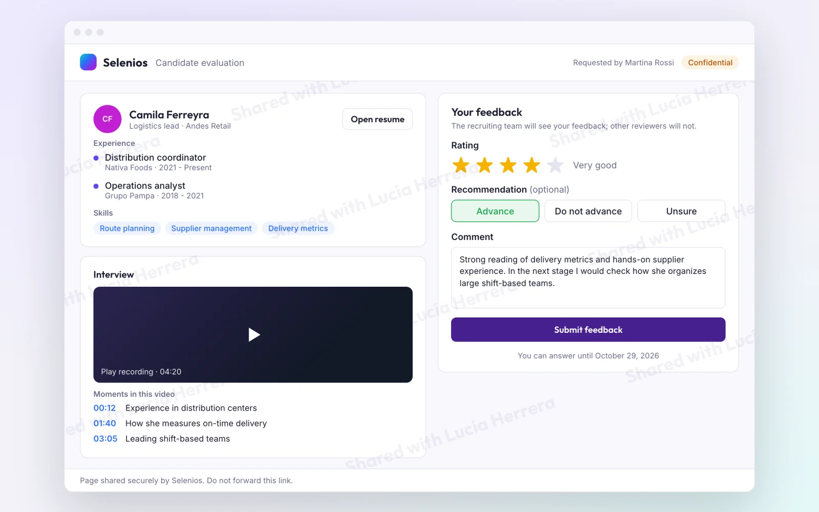 Evaluation page with the candidate profile, the interview video with key moments, and the Your feedback form with four stars and the Advance option selected