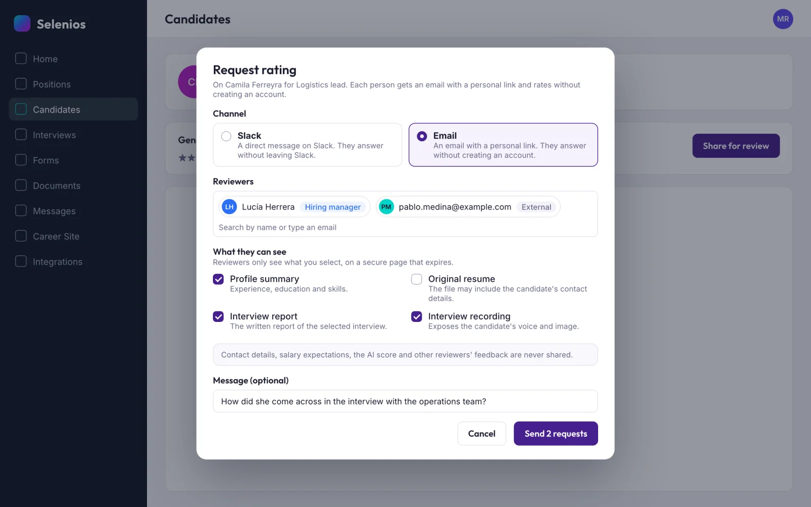 Request rating dialog in Selenios with the Email channel selected, one hiring manager and one external reviewer, and the What they can see options