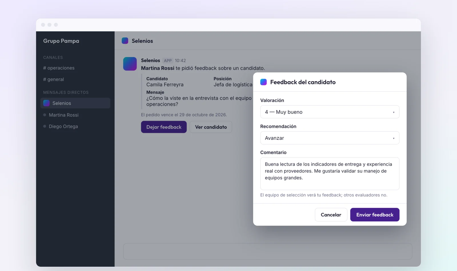 Mensaje directo de Selenios en un chat de equipo con los botones Dejar feedback y Ver candidato, y el formulario Feedback del candidato abierto