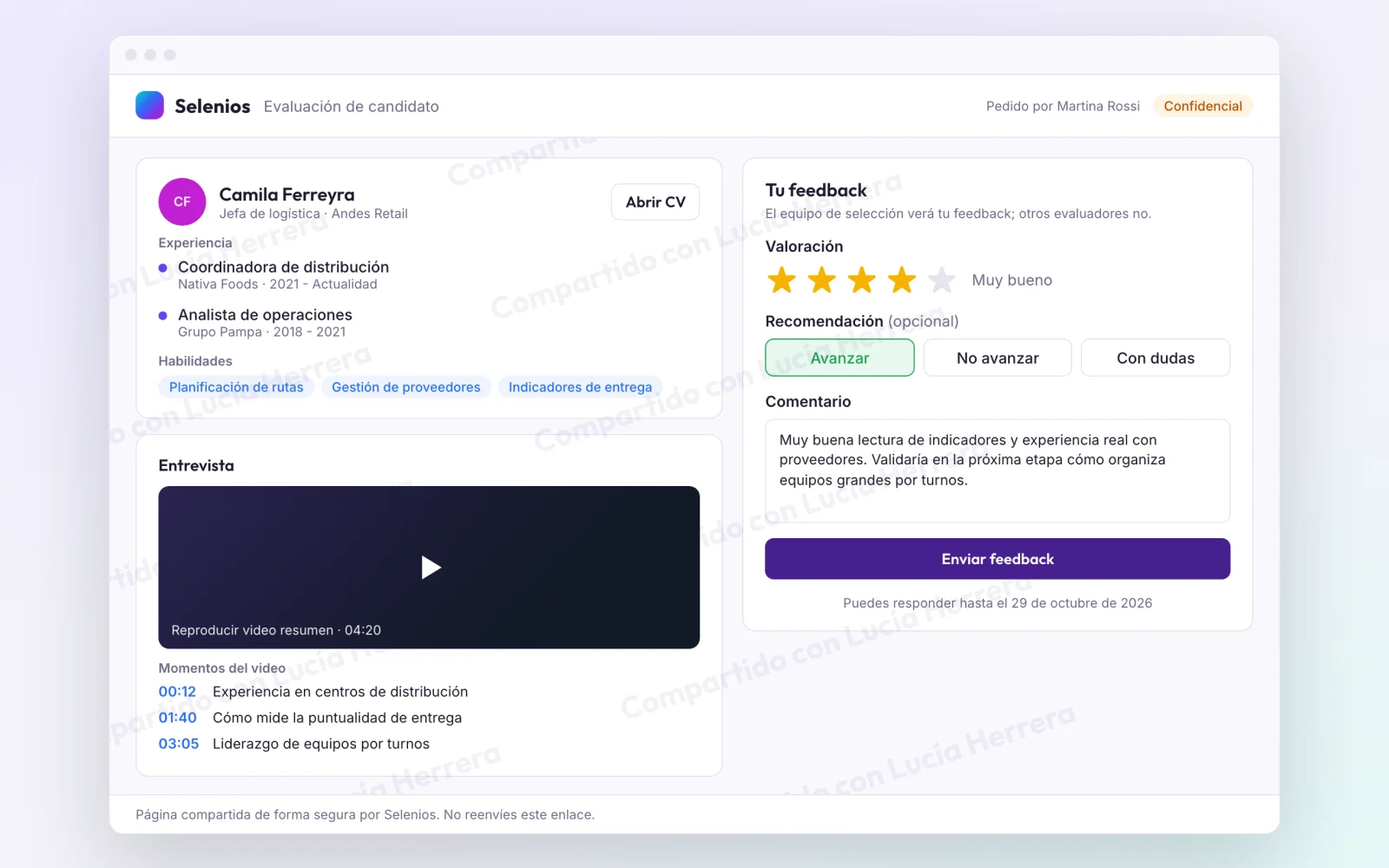 Página de evaluación con el perfil de la candidata, el video de la entrevista con momentos clave y el formulario Tu feedback con cuatro estrellas y la opción Avanzar