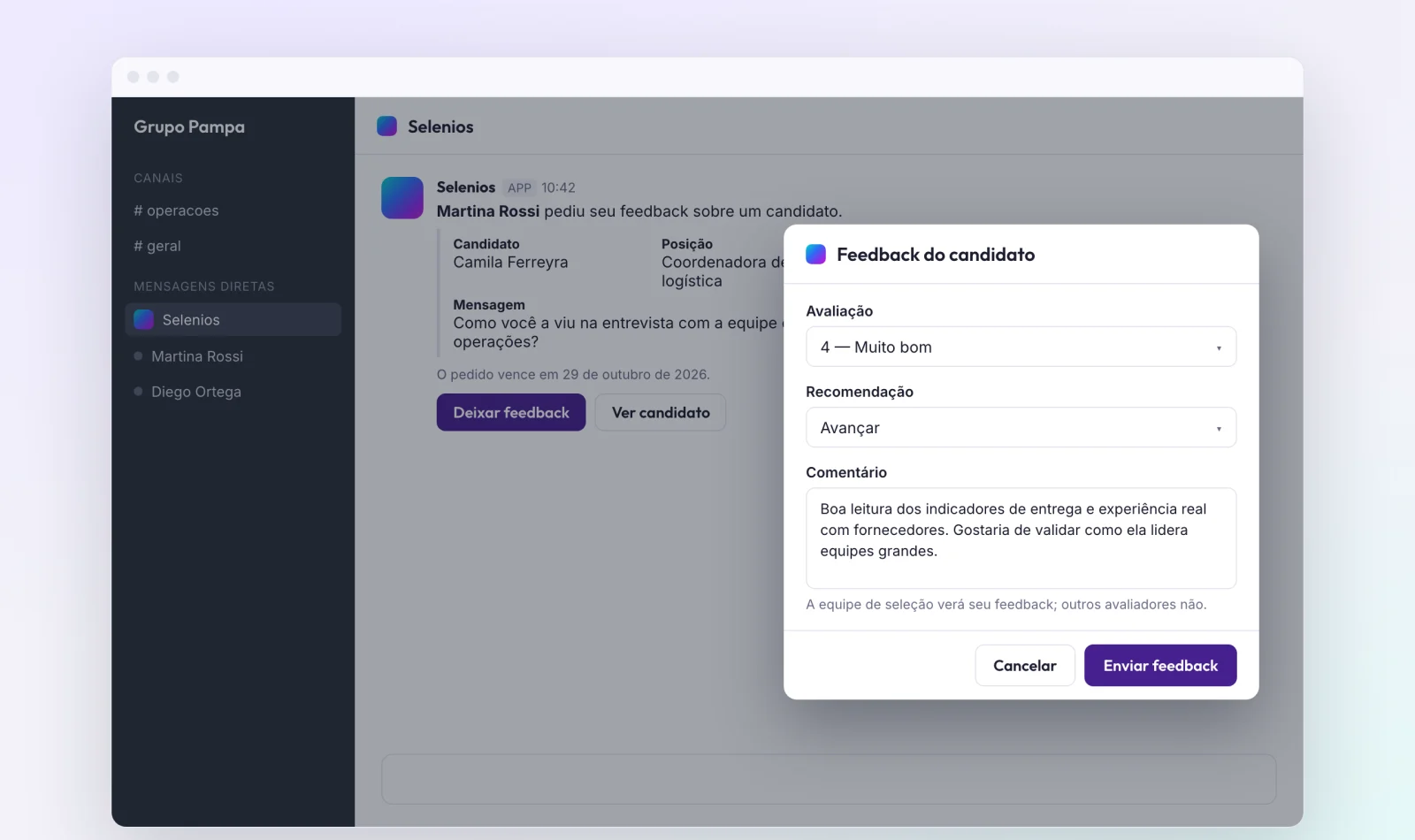 Mensagem direta da Selenios em um chat de equipe com os botões Deixar feedback e Ver candidato, e o formulário Feedback do candidato aberto
