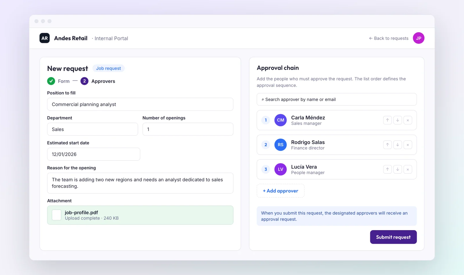New job request form in the Internal Portal, with role details, an attached file and an ordered approval chain of three people
